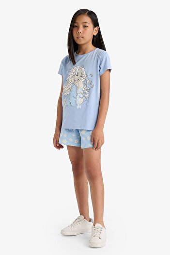 DeFacto Girls Pajama Set Printed Short Sleeve Top Elastic Waist Shorts E0664A825Hs