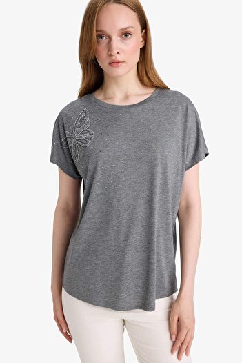 DeFacto Crew Neck Stone Printed Short Sleeve T-Shirt E9333Ax25Sm