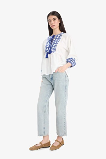 DeFacto Regular Fit Crew Neck Linen Look Long Sleeve Blouse E6527Ax25Sm