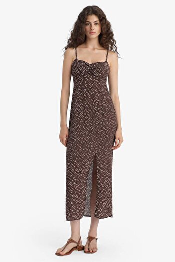 DeFacto Bodycon Body Hugging Heart Neck Polka Dot Moroccan Strap Midi Dress C0960Ax25Sm