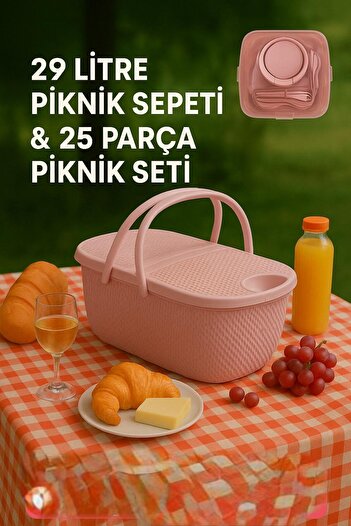 İ&A HOME 26 Parça Piknik Seti Sepet Çantalı Bardak, Çatal, Kaşık, tabak Seti