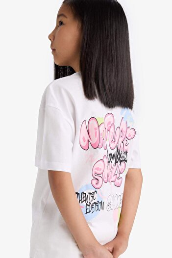 DeFacto Girl's Oversize Wide Fit Crew Neck Back Printed Short Sleeve T-Shirt E0367A825Sm