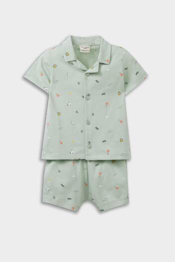 DeFacto Baby Boy Pajama Set Sea Printed Short Sleeve Combed Cotton Top Elastic Waist Shorts E1186A525Hs