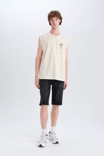 DeFacto 100% Cotton Boxy Fit Crew Neck Back Printed Tank Top E3223Ax25Hs