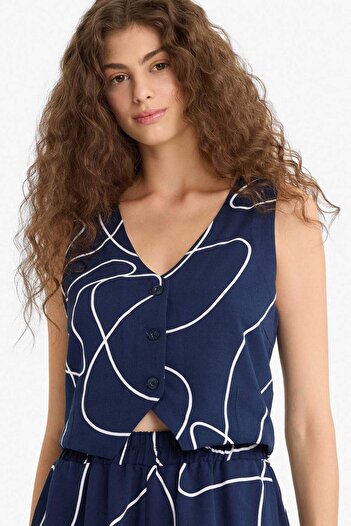 DeFacto V-Neck Patterned Linen Blended Blazer Vest F3492Ax25Sm