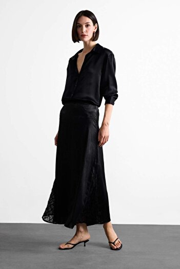DeFacto High Waisted Satin Lace Detailed Midi Skirt F8040Ax25Sm