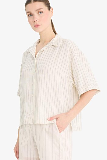 DeFacto Loose Fit Striped Linen Blend Short Sleeve Shirt F5546Ax25Sm