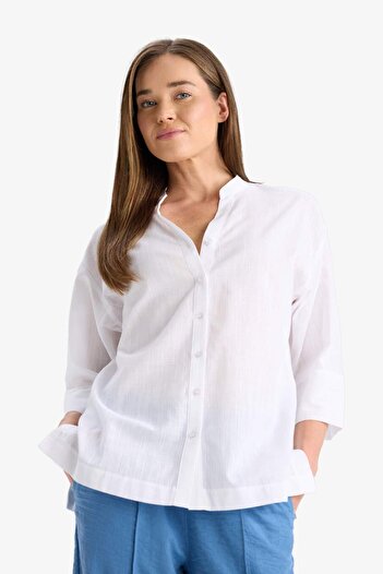 DeFacto Regular Fit Apash Collar Flared Cotton Half Sleeve White Shirt F5838Ax25Sm