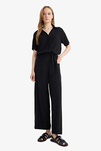 DeFacto Regular Fit Crinkle Viscose Short Sleeve Black Shirt F5835Ax25Sm