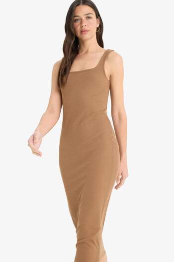 DeFacto Bodycon Vücudu Saran Kare Yaka Fitilli Kaşkorse Askılı Midi Yazlık Elbise Z7577AZ25SM
