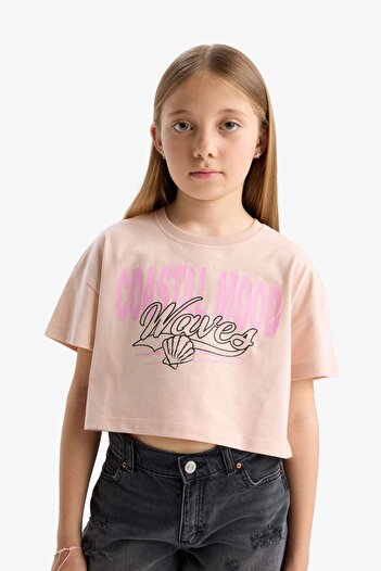 DeFacto Girl's Crop Crew Neck Printed Short Sleeve T-Shirt E0385A825Sm
