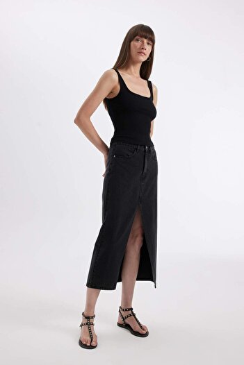 DeFacto Long Fit Yırtmaçlı Jean Midi Etek D1464AX24WN