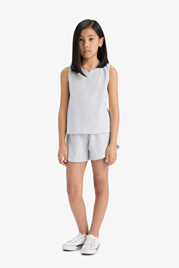 DeFacto Girls' 2-Piece Set Waffle Sleeveless Top Elastic Waist Shorts Bottom F5184A825Sm