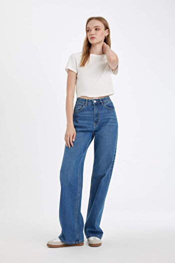 DeFacto Straight wide high waist straight leg long jean washed pants d5045ax24cw