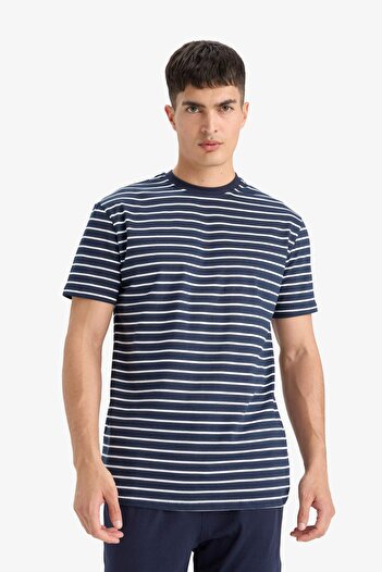 DeFacto E0514 Lacivert Regular Fit Çizgili Kısa Kollu 2'li Takım
