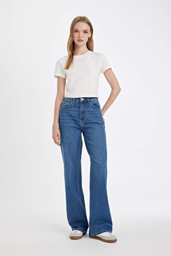 DeFacto Straight wide high waist straight leg long jean washed pants d5045ax24cw