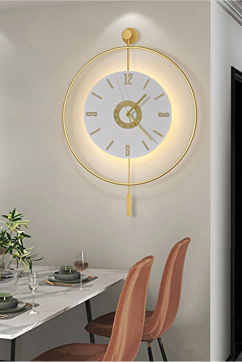 AGA KONSEPT Led'li Gold Orjin 24 (Büyük Boy 50 X 75 Cm), Modern Dekoratif Sarkaçlı Metal Duvar Saati