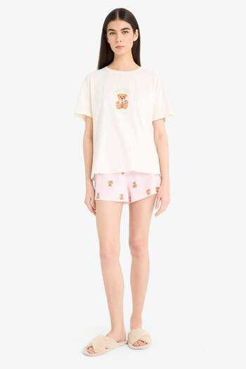 DeFacto Pajama Set Short Sleeve Printed Top Elastic Waist Shorts-Fall in Love F1623Ax25Sm