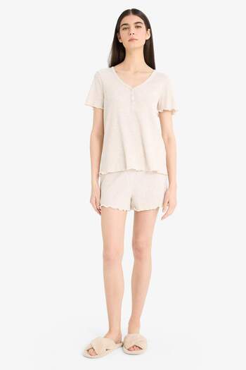 DeFacto Regular Fit Ribana Short Sleeve Top Elastic Waist Shorts- Fall in Love E9832Ax25Sm