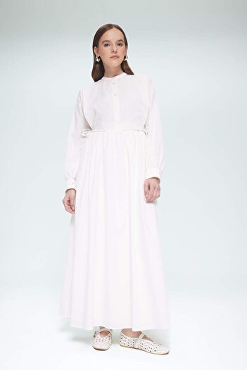 DeFacto Relax Fit Crew Neck Belted Poplin Long Sleeve Maxi Hijab Dress F1382Ax25Sm