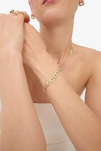 DeFacto Reis x 14 Ayar Altın Kaplama Shine Line Bracelet Kadın Taşlı Gold Ataç Zincir Bileklik F3985