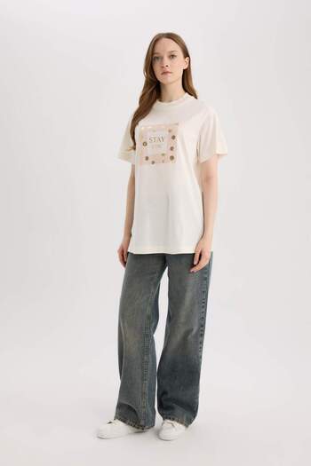 DeFacto Relax Fit Crew Neck Printed Short Sleeve T-Shirt Tunic E0113Ax25Sp