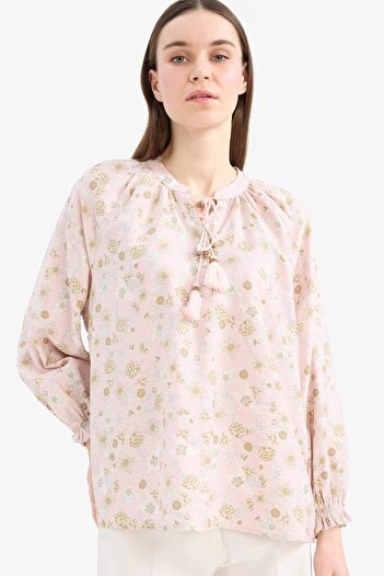 DeFacto Relax Fit Lace-Up Collar Patterned Long Sleeve Hijab Shirt Tunic E1100Ax25Hs
