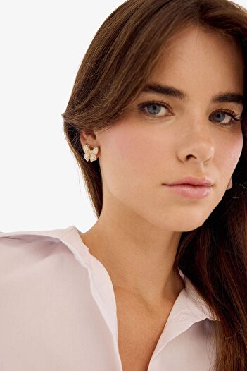 DeFacto Women's 2-Piece Bow and Pink Stone Gold Earrings F0721Axns