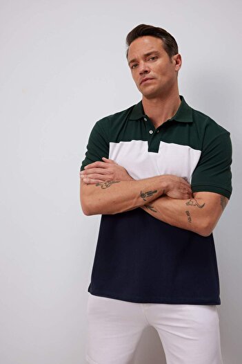 DeFacto 100% Cotton Regular Fit Polo Neck Color Block Short Sleeve T-Shirt D7940Ax25Sp