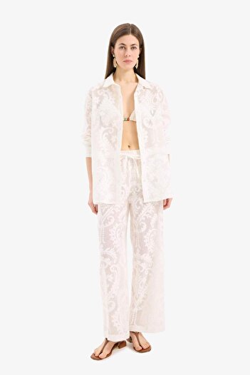 DeFacto Pantaloni de plajă albi cu talie elastică din dantelă-Fall in Love D9767AX25SM