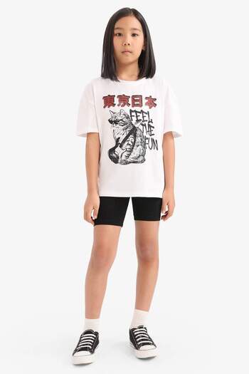 DeFacto Girl's 2-Piece Set Printed Short Sleeve T-Shirt Biker Leggings E5698A825Hs