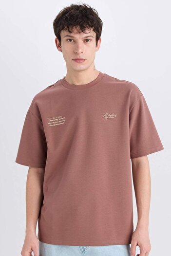 DeFacto Boxy Fit Crew Neck No-Iron Breathable Printed Short Sleeve Heavy Fabric T-Shirt E0574Ax