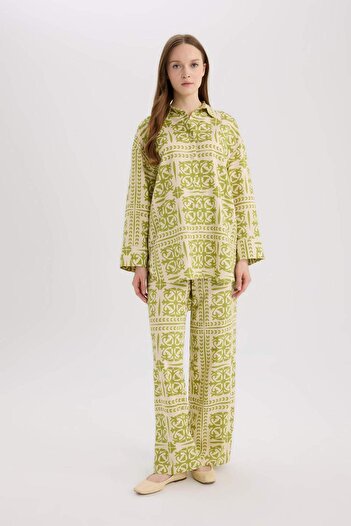 DeFacto Wide Leg Patterned Elastic Waist Linen Blend Wide Leg Pants D8188Ax25Sp