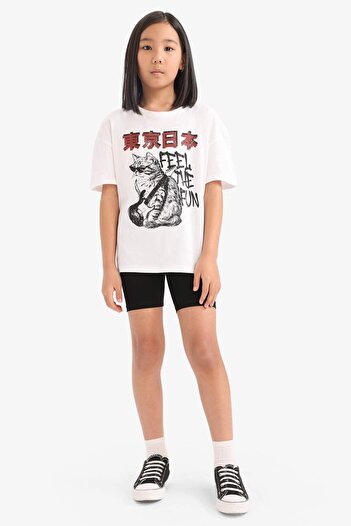 DeFacto Girl's 2-Piece Set Printed Short Sleeve T-Shirt Biker Leggings E5698A825Hs