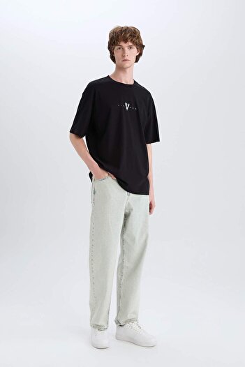 DeFacto 100% βαμβάκι Vikings Valhalla Boxy Fit Crew λαιμόκοψη με στάμπα κοντομάνικο μπλουζάκι E3277AX25SM