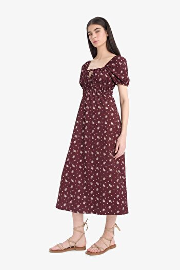 DeFacto Square Neck Floral Wrap Short Sleeve Midi Dress E5927Ax25Sp