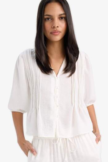 DeFacto Relax Fit V Neck Giperli Linen Look Short Sleeve Shirt F3473Ax25Sp
