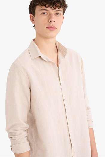 DeFacto Regular Fit Polo Yaka Keten Yazlık Uzun Kollu Gömlek E1729AX25SP