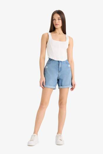 DeFacto Boyfriend High Waist Pocketed Folded Leg Ripped Detail Jean Shorts E0933Ax25Sm