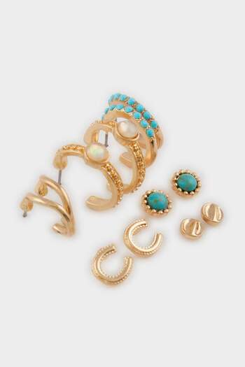 DeFacto Women's Blue Stone 6-Piece Gold Earrings E4513Axns