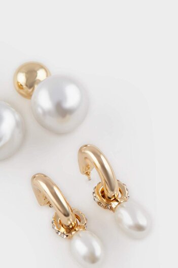 DeFacto Women's 2-Piece Pearl Gold Earrings E6736Axns