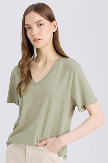 DeFacto Regular Fit V-Neck Basic Plain Short Sleeve T-Shirt D9593Ax25Sm