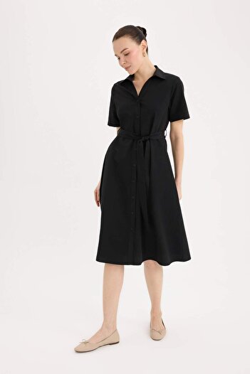 DeFacto A-Line Shirt Collar Belted Poplin Short Sleeve Midi Dress E7114Ax25Sp