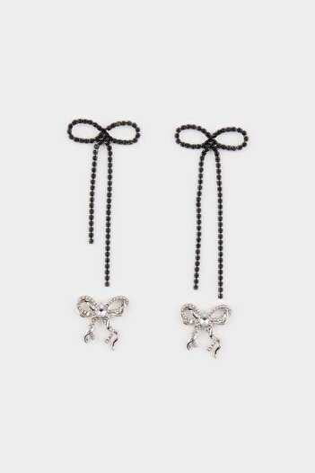 DeFacto Women's 2-Piece Ribbon Black Silver Earrings E6735Axns