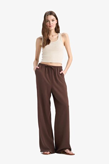 DeFacto Linen Blend Palazzo Pants Wide Leg Wide Loose Leg Three Pockets Regular Waist Basic Straight Standard Length