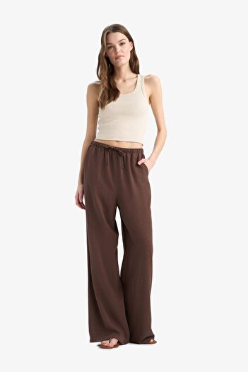 DeFacto Linen Blend Palazzo Pants Wide Leg Wide Loose Leg Three Pockets Regular Waist Basic Straight Standard Length