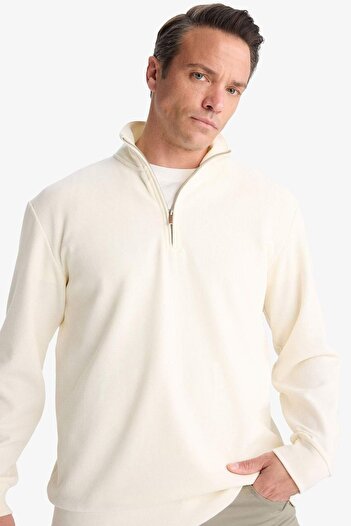 DeFacto Comfort Fit Stand Collar Textured Half Zipper Waffle Sweatshirt D7543Ax25Sp