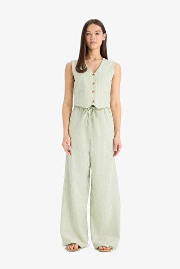 DeFacto Keten Karışımlı Pantolon Wide Leg Geniş Bol Paça Cepli Basic Düz Normal Bel Standart Boy D1010AX25S