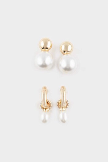 DeFacto Women's 2-Piece Pearl Gold Earrings E6736Axns