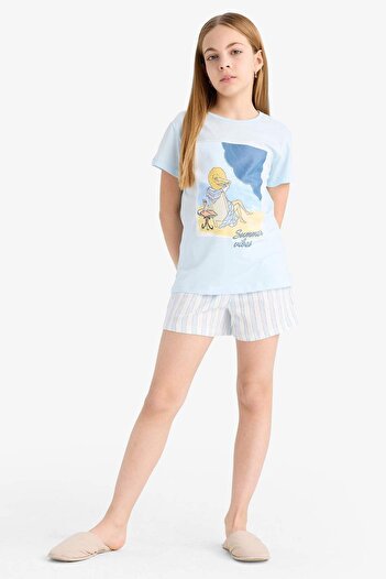 DeFacto Kız Çocuk Pijama Takımı Baskılı Kısa Kollu Üst Beli Lastikli Kısa Şort E6232A825SP